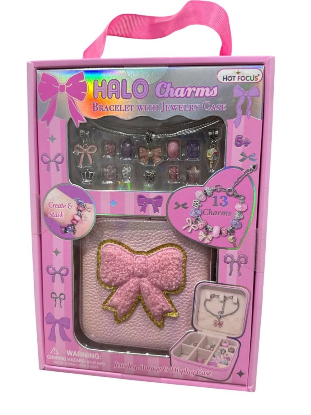 Halo Charms Bracelet With Jewelry Case - 13 Charms 1 Bracelet 1 Case Pink Bow De